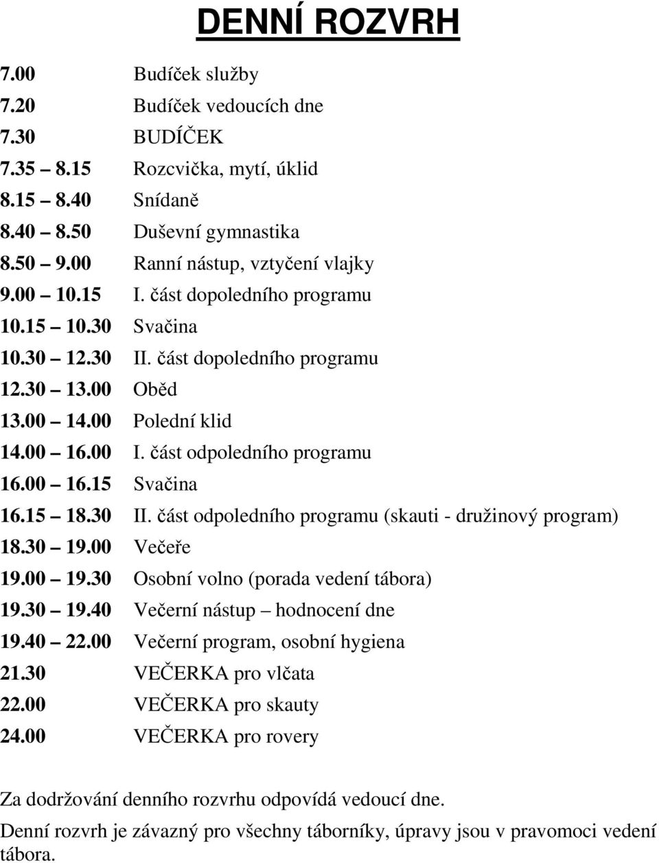 15 18.30 II. část odpoledního programu (skauti - družinový program) 18.30 19.00 Večeře 19.00 19.30 Osobní volno (porada vedení tábora) 19.30 19.40 Večerní nástup hodnocení dne 19.40 22.