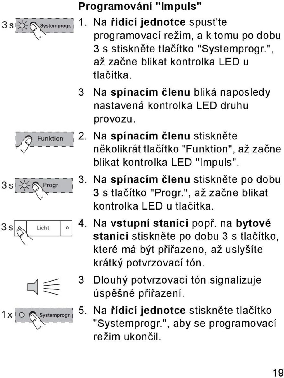 Na spínacím členu stiskněte po dobu 3 s tlačítko "Progr.", až začne blikat kontrolka LED u tlačítka. 4. Na vstupní stanici popř.