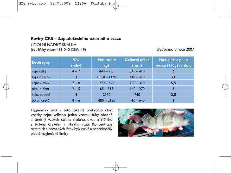 překročily čtyři vzorky cejna velkého, jeden vzorek štiky obecné a směsný vzorek cejnka malého, okouna říčního a bolena dravého v obsahu rtuti.