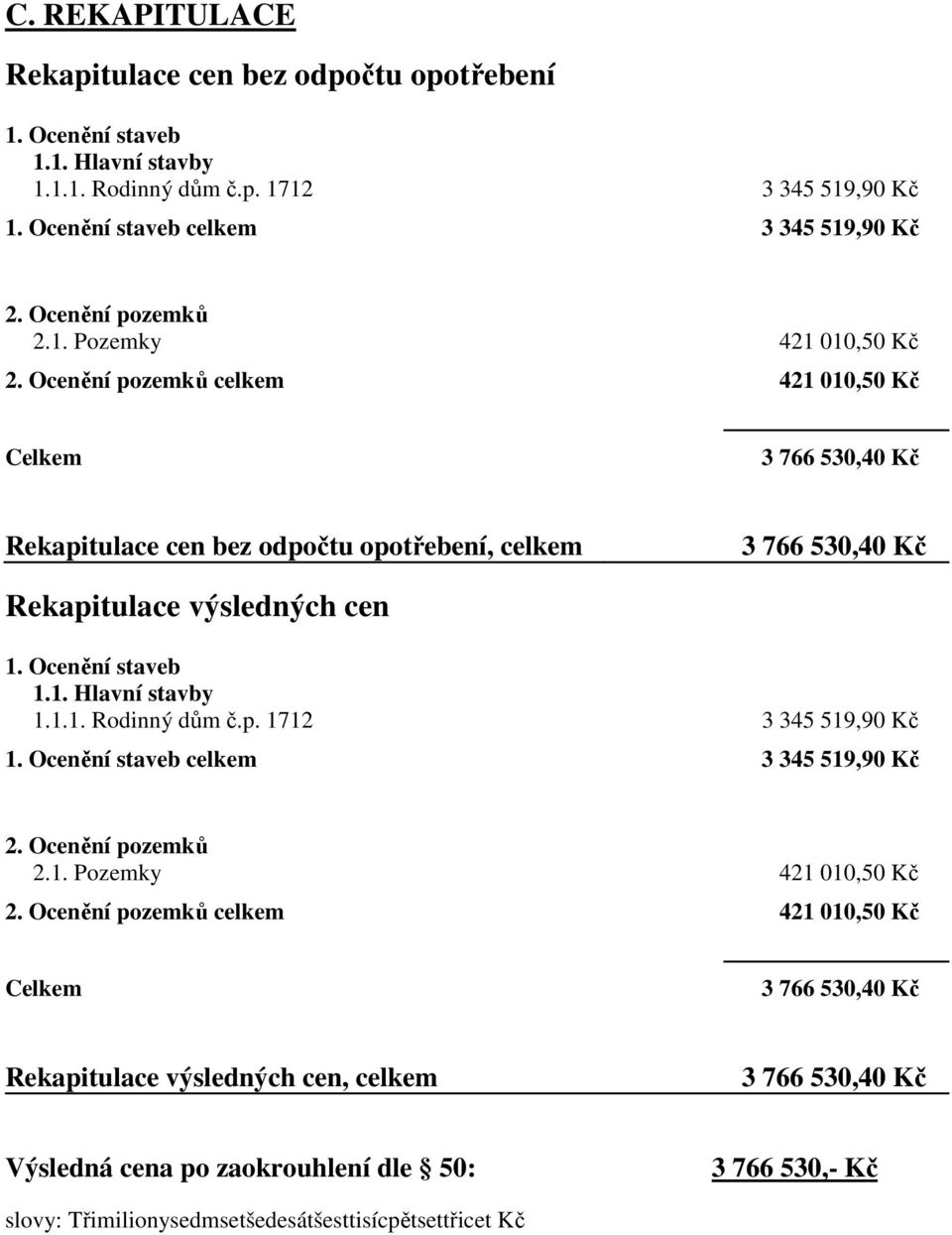 Ocenění pozemků celkem 421 010,50 Kč Celkem 3 766 530,40 Kč Rekapitulace cen bez odpočtu opotřebení, celkem 3 766 530,40 Kč Rekapitulace výsledných cen 1. Ocenění staveb 1.1. Hlavní stavby 1.1.1. Rodinný dům č.