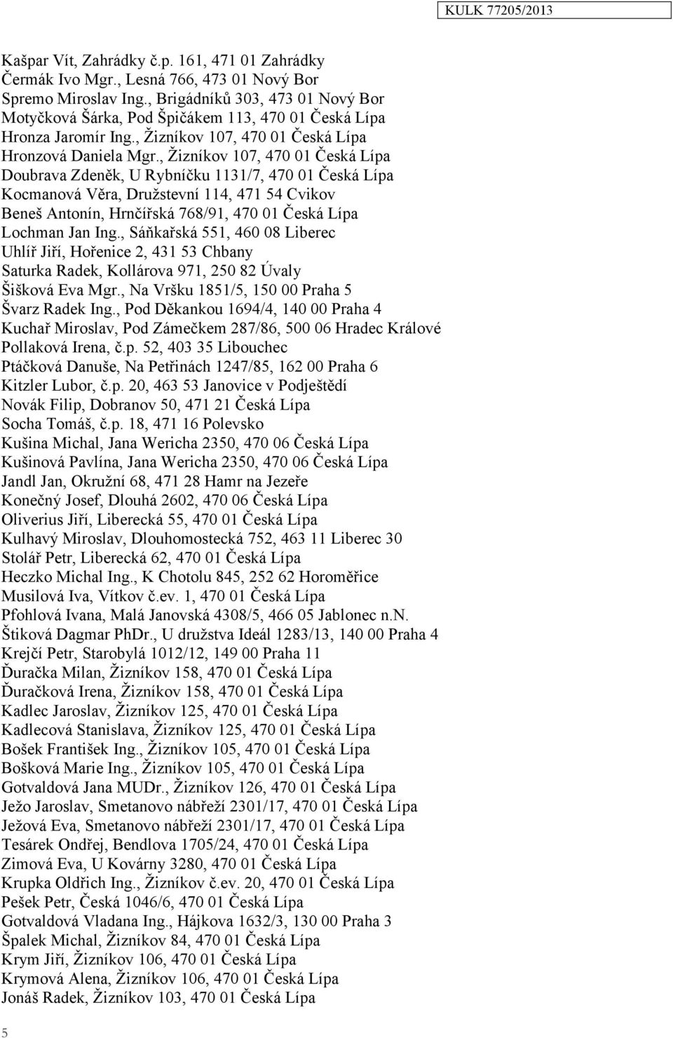 , Žizníkov 107, 470 01 Česká Lípa Doubrava Zdeněk, U Rybníčku 1131/7, 470 01 Česká Lípa Kocmanová Věra, Družstevní 114, 471 54 Cvikov Beneš Antonín, Hrnčířská 768/91, 470 01 Česká Lípa Lochman Jan