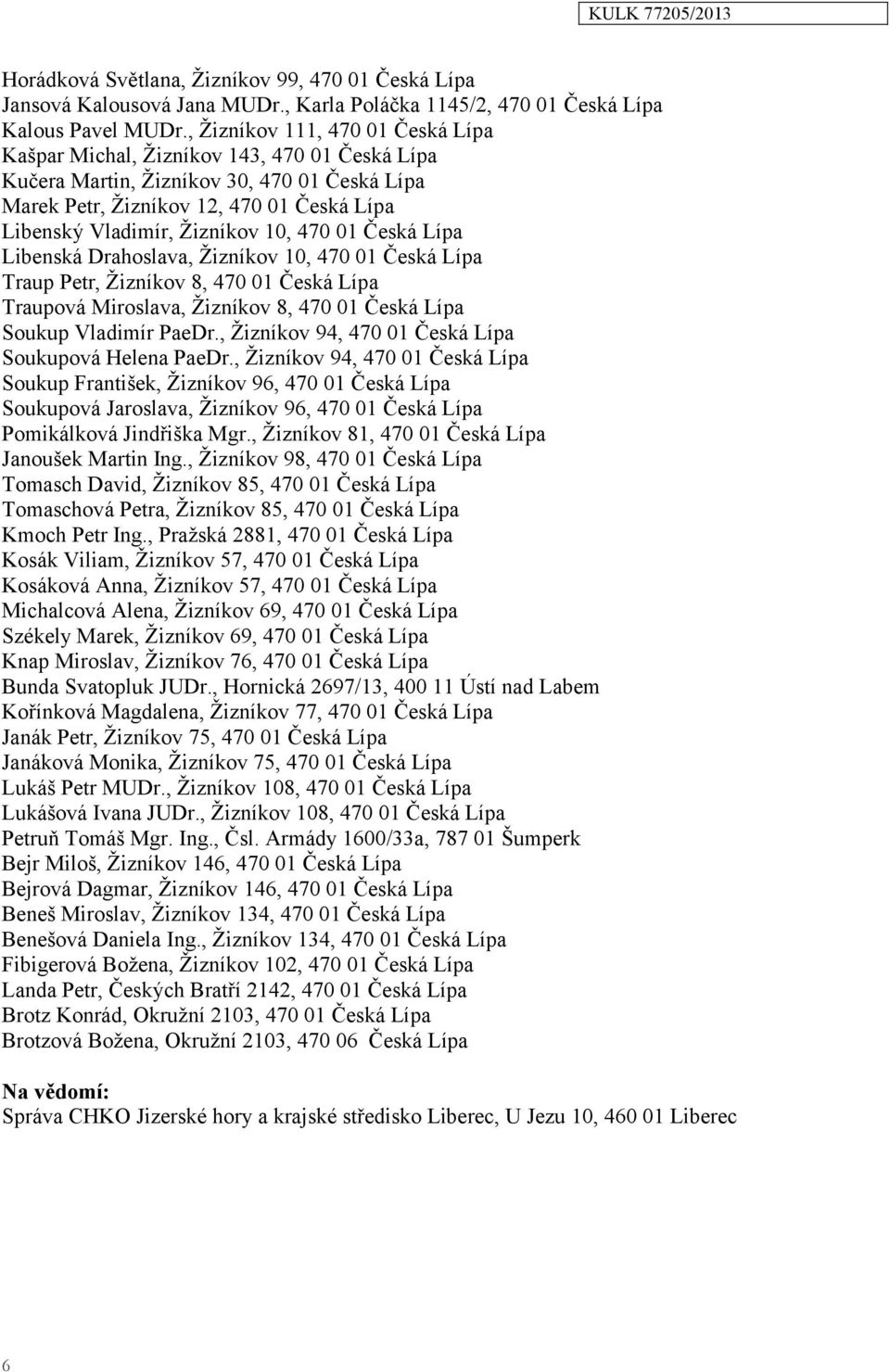 10, 470 01 Česká Lípa Libenská Drahoslava, Žizníkov 10, 470 01 Česká Lípa Traup Petr, Žizníkov 8, 470 01 Česká Lípa Traupová Miroslava, Žizníkov 8, 470 01 Česká Lípa Soukup Vladimír PaeDr.