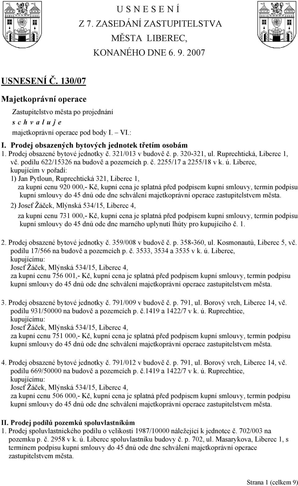 ú. Liberec, kupujícím v pořadí: 1) Jan Pytloun, Ruprechtická 321, Liberec 1, za kupní cenu 920 000,- Kč, kupní cena je splatná před podpisem kupní smlouvy, termín podpisu 2) Josef Žáček, Mlýnská