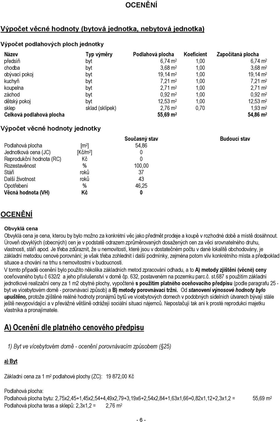 12,53 m 2 1,00 12,53 m 2 sklep sklad (sklípek) 2,76 m 2 0,70 1,93 m 2 Celková podlahová plocha 55,69 m 2 54,86 m 2 Výpočet věcné hodnoty jednotky Současný stav Podlahová plocha [m 2 ] 54,86