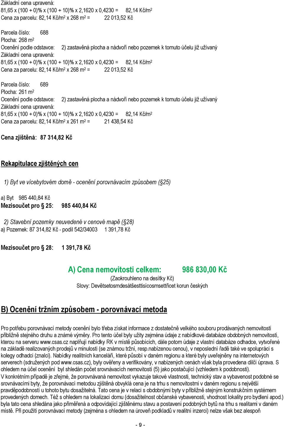 x 268 m 2 = 22 013,52 Kč Parcela číslo: 689 Plocha: 261 m 2 Ocenění podle  x 261 m 2 = 21 438,54 Kč Cena zjištěná: 87 314,82 Kč Rekapitulace zjištěných cen 1) Byt ve vícebytovém domě - ocenění