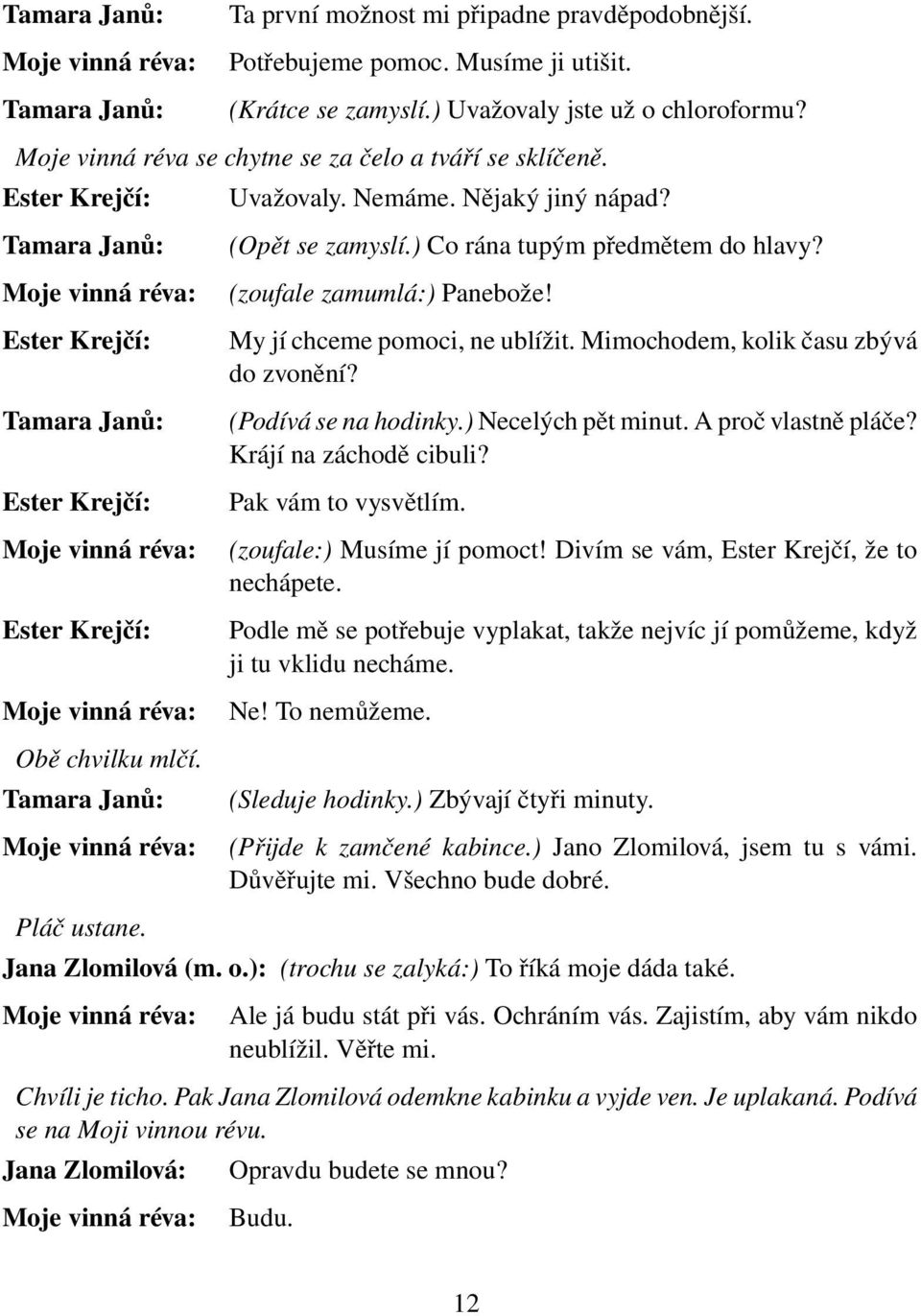 Mimochodem, kolik času zbývá do zvonění? (Podívá se na hodinky.) Necelých pět minut. A proč vlastně pláče? Krájí na záchodě cibuli? Pak vám to vysvětlím. (zoufale:) Musíme jí pomoct!