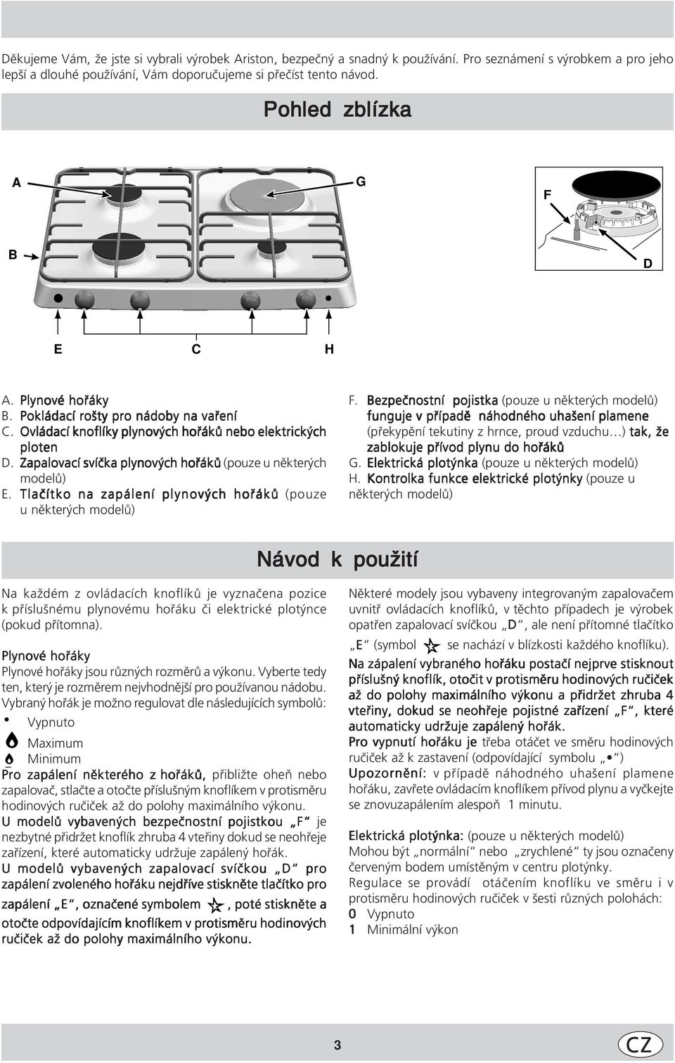 Zapalovací svíčka plynových hořáků (pouze u některých modelů) E. Tlačítko na zapálení plynových hořáků (pouze u některých modelů) F.