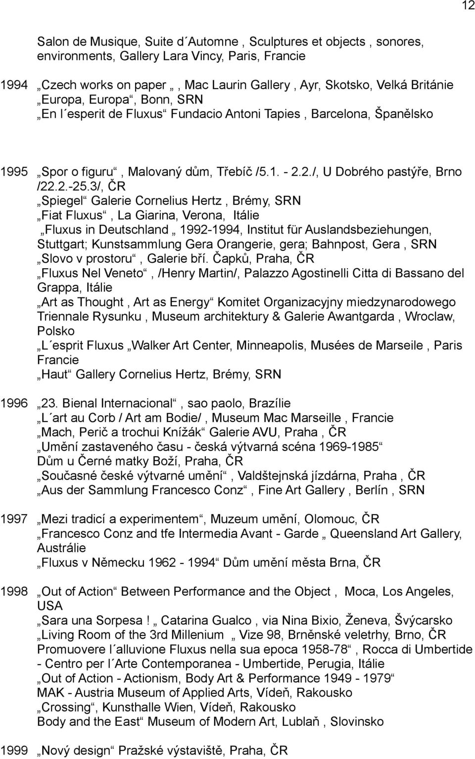 3/, ČR Spiegel Galerie Cornelius Hertz, Brémy, SRN Fiat Fluxus, La Giarina, Verona, Itálie Fluxus in Deutschland 1992-1994, Institut für Auslandsbeziehungen, Stuttgart; Kunstsammlung Gera Orangerie,