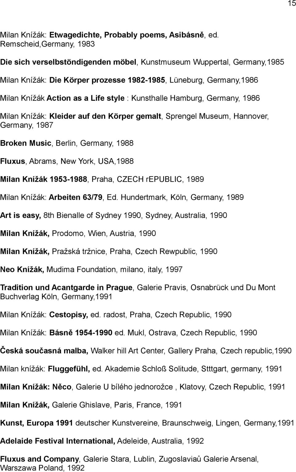 : Kunsthalle Hamburg, Germany, 1986 Milan Knížák: Kleider auf den Körper gemalt, Sprengel Museum, Hannover, Germany, 1987 Broken Music, Berlin, Germany, 1988 Fluxus, Abrams, New York, USA,1988 Milan