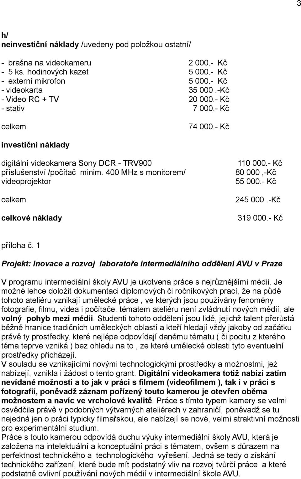 400 MHz s monitorem/ videoprojektor 110 000.- Kč 80 000,-Kč 55 000.- Kč celkem 245 000.-Kč celkové náklady 319 000.- Kč příloha č.