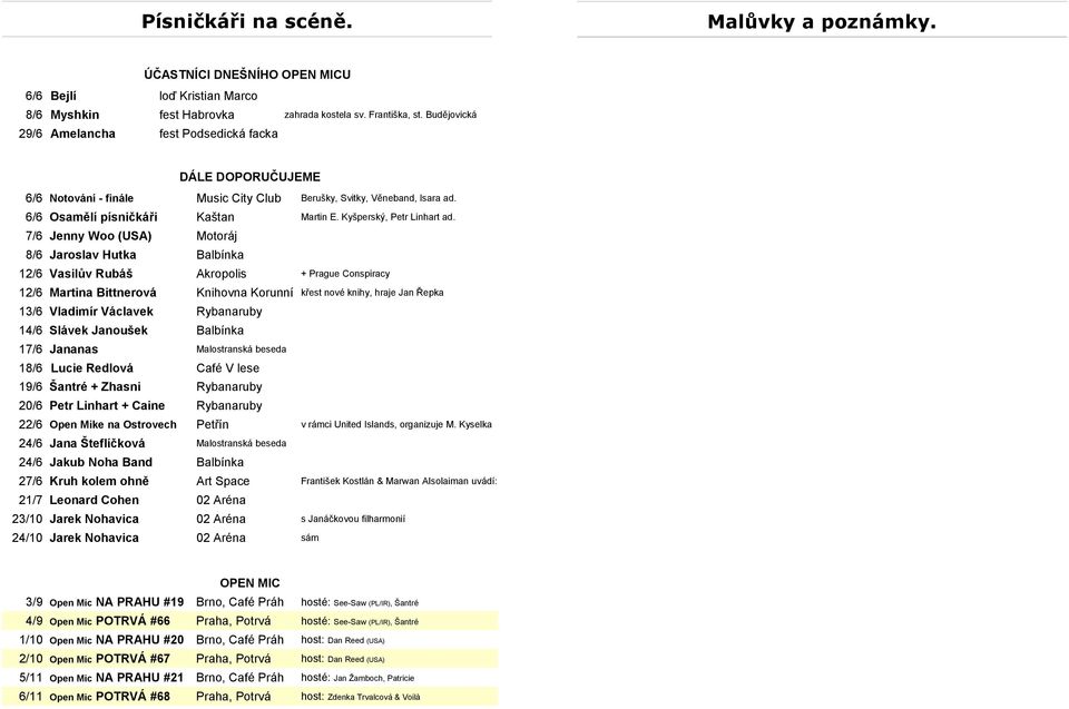 7/6 Jenny Woo (USA) Motoráj 8/6 Jaroslav Hutka Balbínka 12/6 Vasilův Rubáš Akropolis + Prague Conspiracy 12/6 Martina Bittnerová Knihovna Korunní křest nové knihy, hraje Jan Řepka 13/6 Vladimír