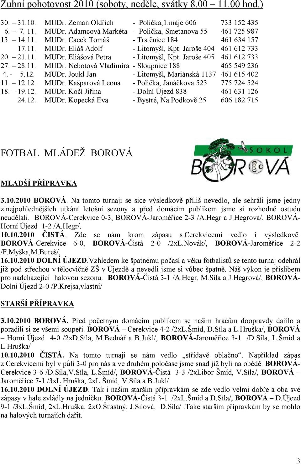 - 5.12. MUDr. Joukl Jan - Litomyšl, Mariánská 1137 461 615 402 11. 12.12. MUDr. Kašparová Leona - Polička, Janáčkova 523 775 724 524 18. 19.12. MUDr. Kočí Jiřina - Dolní Újezd 838 461 631 126 24.12. MUDr. Kopecká Eva - Bystré, Na Podkově 25 606 182 715 FOTBAL MLÁDEŽ BOROVÁ MLADŠÍ PŘÍPRAVKA 3.