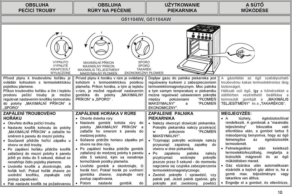 trouby. Nastavte knoflík kohoutu do polohy MAXIMÁLNÍ PŘÍKON a zatlačte ho směrem k panelu do mezní polohy. Současně přidržte hořící zápalku u otvoru ve dně trouby.