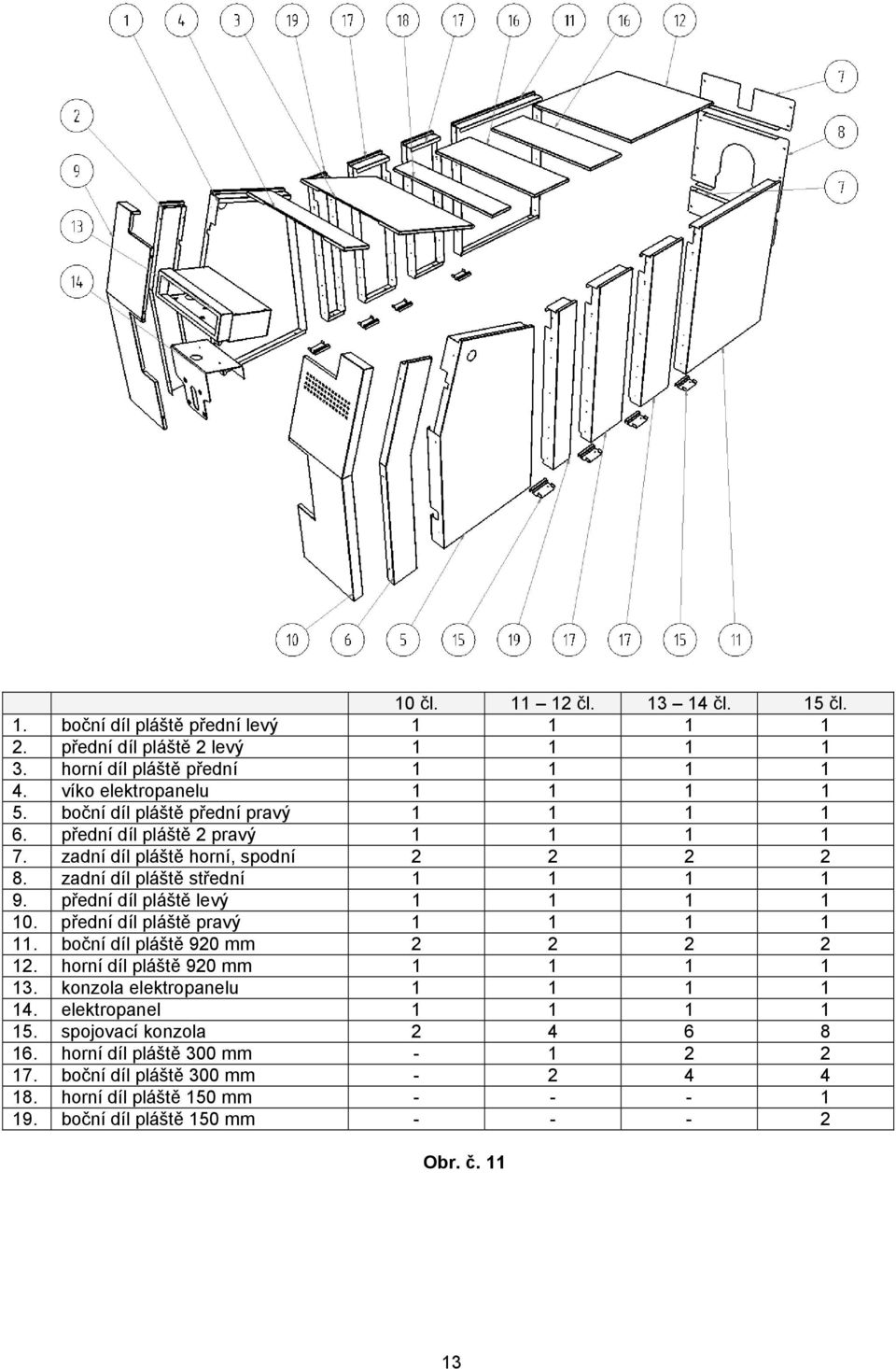 přední díl pláště levý 1 1 1 1 10. přední díl pláště pravý 1 1 1 1 11. boční díl pláště 920 mm 2 2 2 2 12. horní díl pláště 920 mm 1 1 1 1 13. konzola elektropanelu 1 1 1 1 14.