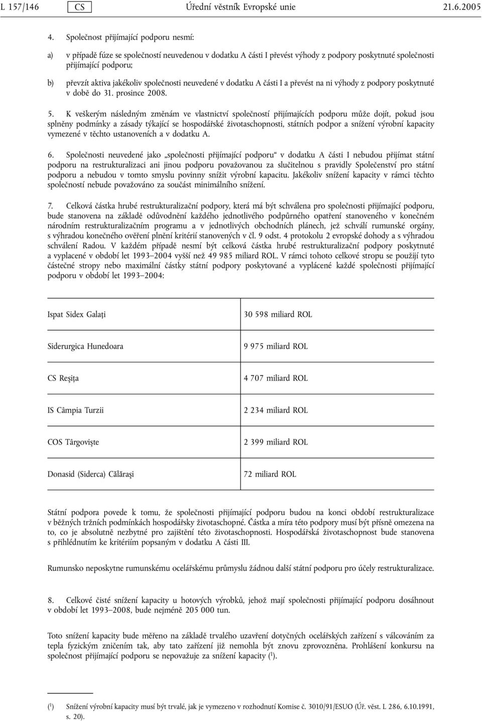 společnosti neuvedené v dodatku A části I a převést na ni výhody z podpory poskytnuté v době do 31. prosince 2008. 5.