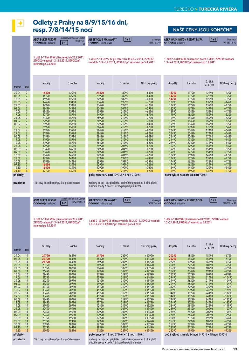 4.2011 1. dítě 2 13 let 99 Kč při rezervaci do 28.2.2011, 2990 Kč v období 29.04. 7 16490 12990 06.05. 7 16790 12990 13.05. 7 16990 12990 20.05. 7 17490 13490 27.05. 7 17990 13490 03.06. 7 18490 14990 10.