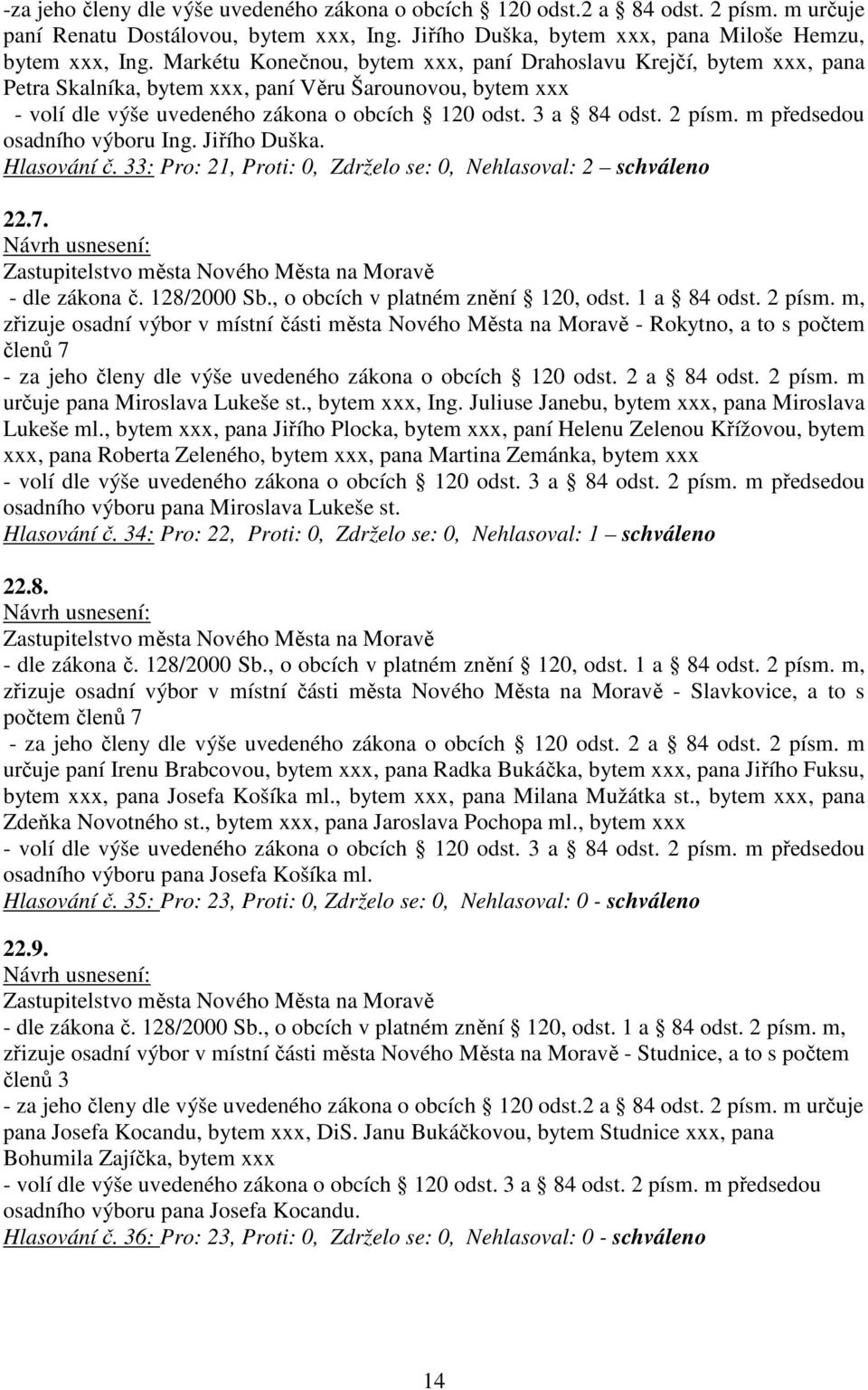 m předsedou osadního výboru Ing. Jiřího Duška. Hlasování č. 33: Pro: 21, Proti: 0, Zdrželo se: 0, Nehlasoval: 2 schváleno 22.7. Zastupitelstvo města Nového Města na Moravě - dle zákona č. 128/2000 Sb.