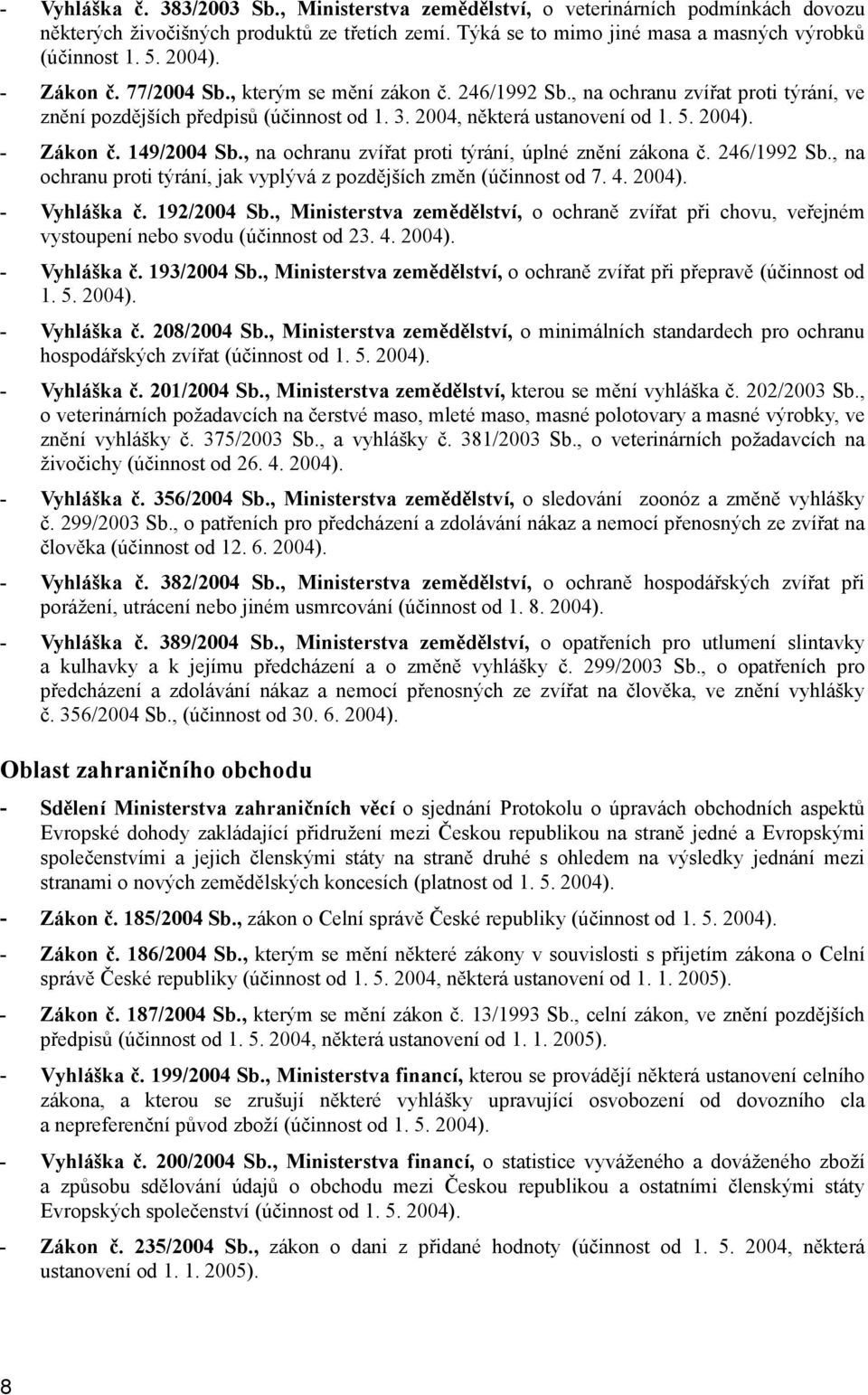 , na ochranu zvířat proti týrání, úplné znění zákona č. 246/1992 Sb., na ochranu proti týrání, jak vyplývá z pozdějších změn (účinnost od 7. 4. 2004). - Vyhláška č. 192/2004 Sb.