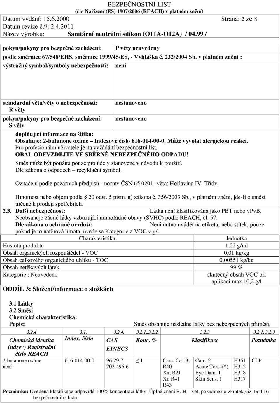 štítku: Obsahuje: 2-butanone oxime Indexové číslo 616-014-00-0. Může vyvolat alergickou reakci. Pro profesionální uživatele je na vyžádání bezpečnostní list.