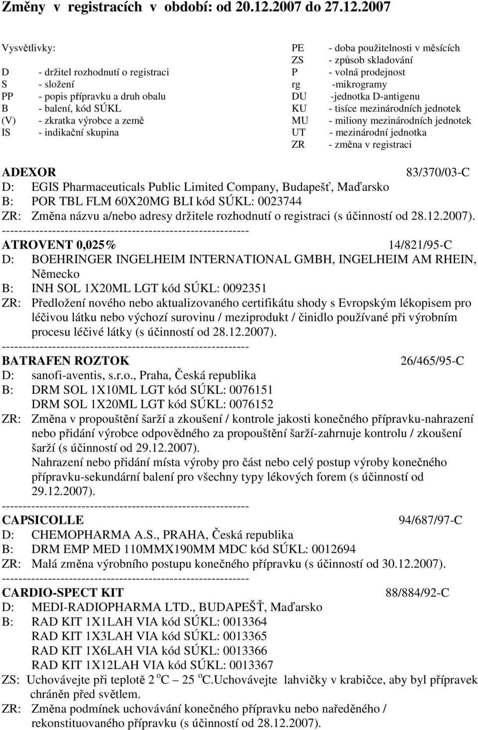 2007 Vysvětlivky: PE - doba použitelnosti v měsících ZS - způsob skladování D - držitel rozhodnutí o registraci P - volná prodejnost S - složení rg -mikrogramy PP - popis přípravku a druh obalu DU