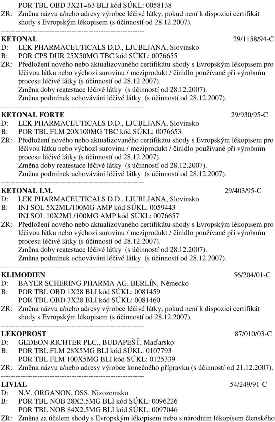 LEK PHARMACEUTICALS D.D., LJUBLJANA, Slovinsko B: POR TBL FLM 20X100MG TBC kód SÚKL: 0076653 procesu léčivé látky (s účinností od 28.12.2007).