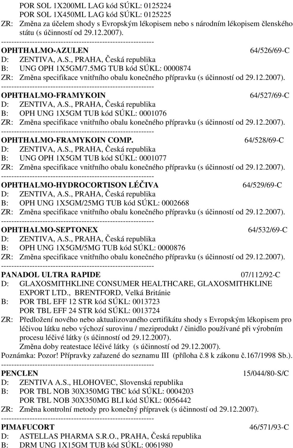 2007). OPHTHALMO-FRAMYKOIN 64/527/69-C D: ZENTIVA, A.S., PRAHA, Česká republika B: OPH UNG 1X5GM TUB kód SÚKL: 0001076 ZR: Změna specifikace vnitřního obalu konečného přípravku (s účinností od 29.12.