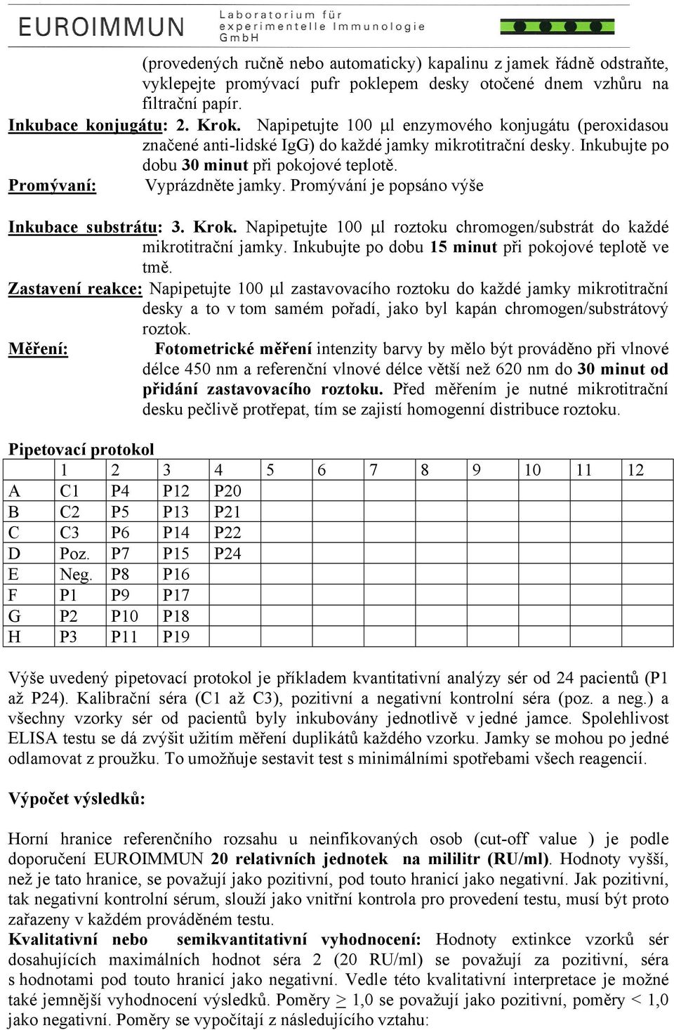 Promývání je popsáno výše Inkubace substrátu: 3. Krok. Napipetujte 100 µl roztoku chromogen/substrát do každé mikrotitrační jamky. Inkubujte po dobu 15 minut při pokojové teplotě ve tmě.