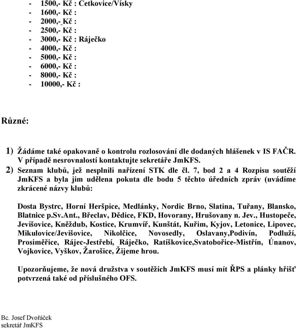 7, bod 2 a 4 Rozpisu soutěží JmKFS a byla jim udělena pokuta dle bodu 5 těchto úředních zpráv (uvádíme zkrácené názvy klubů: Dosta Bystrc, Horní Heršpice, Medlánky, Nordic Brno, Slatina, Tuřany,