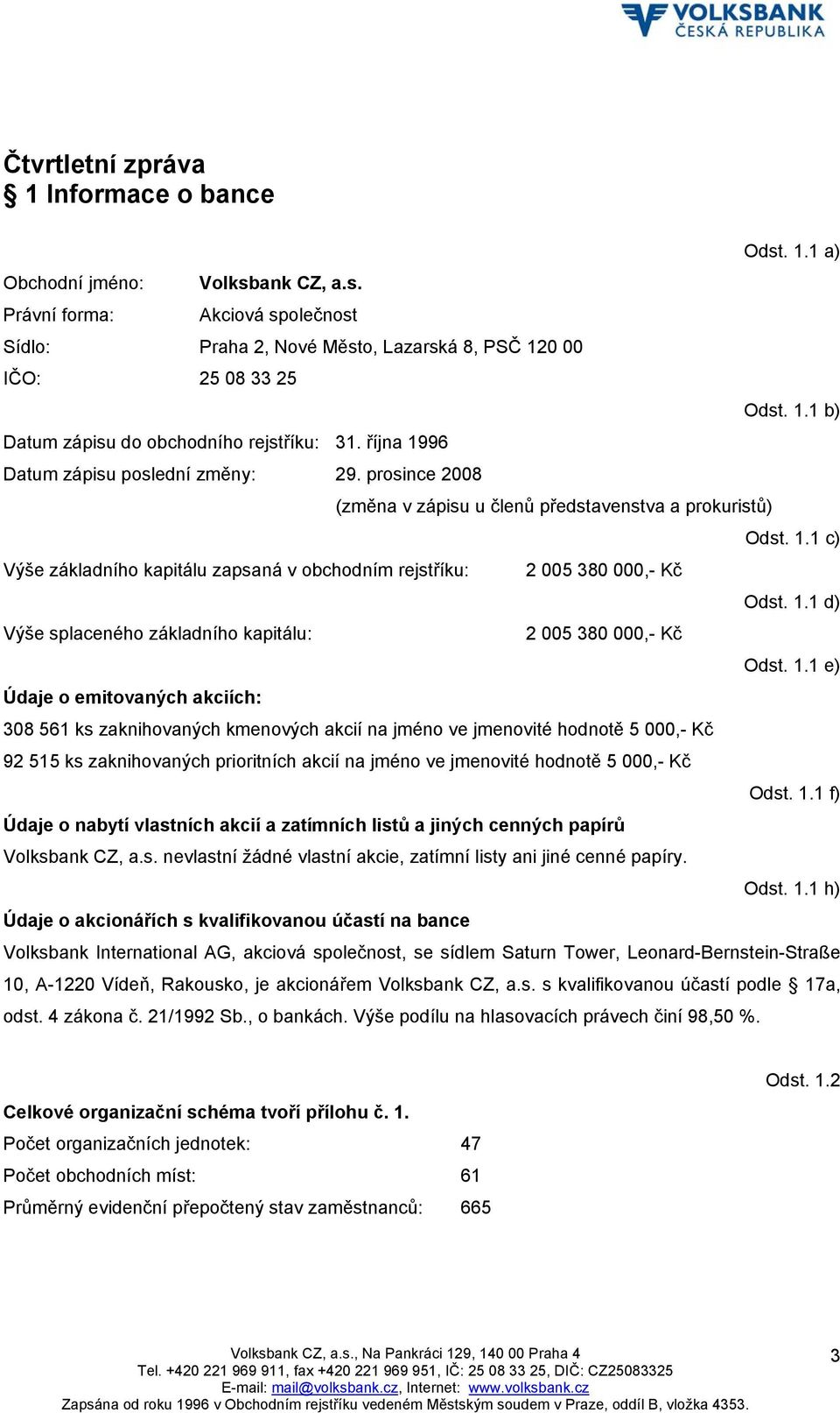 1.1 d) Výše splaceného základního kapitálu: 2 005 380 000,- Kč Odst. 1.