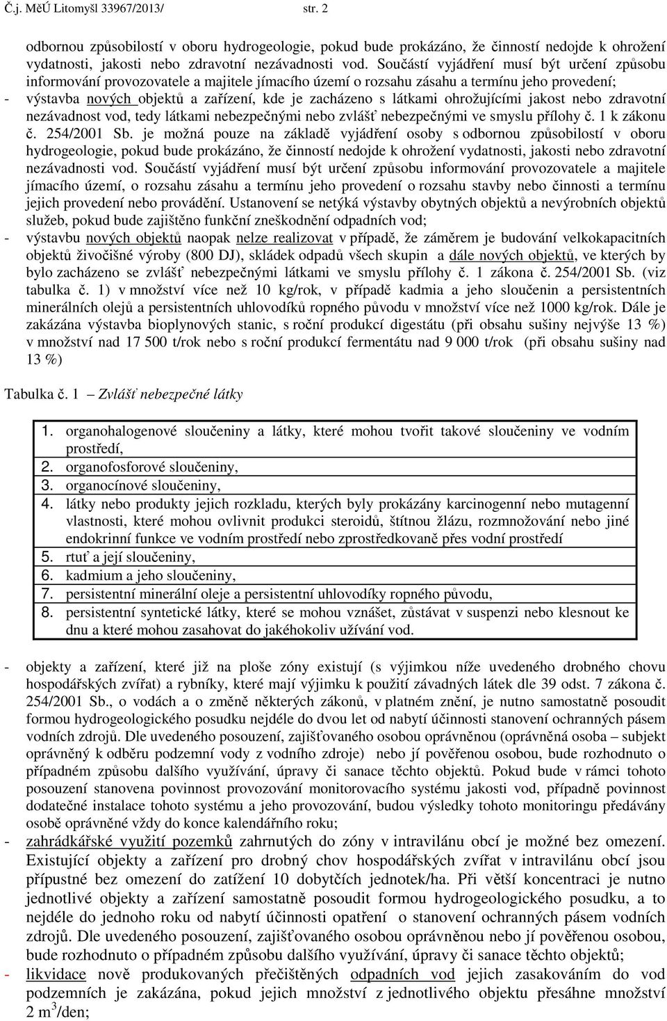 látkami ohrožujícími jakost nebo zdravotní nezávadnost vod, tedy látkami nebezpečnými nebo zvlášť nebezpečnými ve smyslu přílohy č. 1 k zákonu č. 254/2001 Sb.