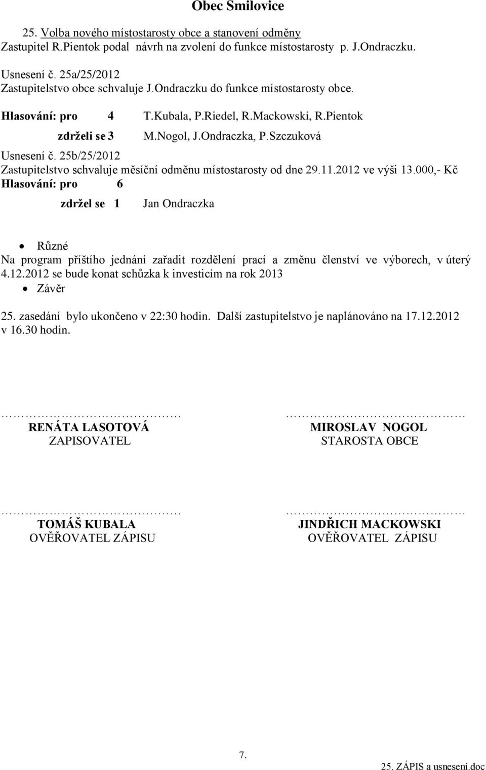25b/25/2012 Zastupitelstvo schvaluje měsíční odměnu místostarosty od dne 29.11.2012 ve výši 13.