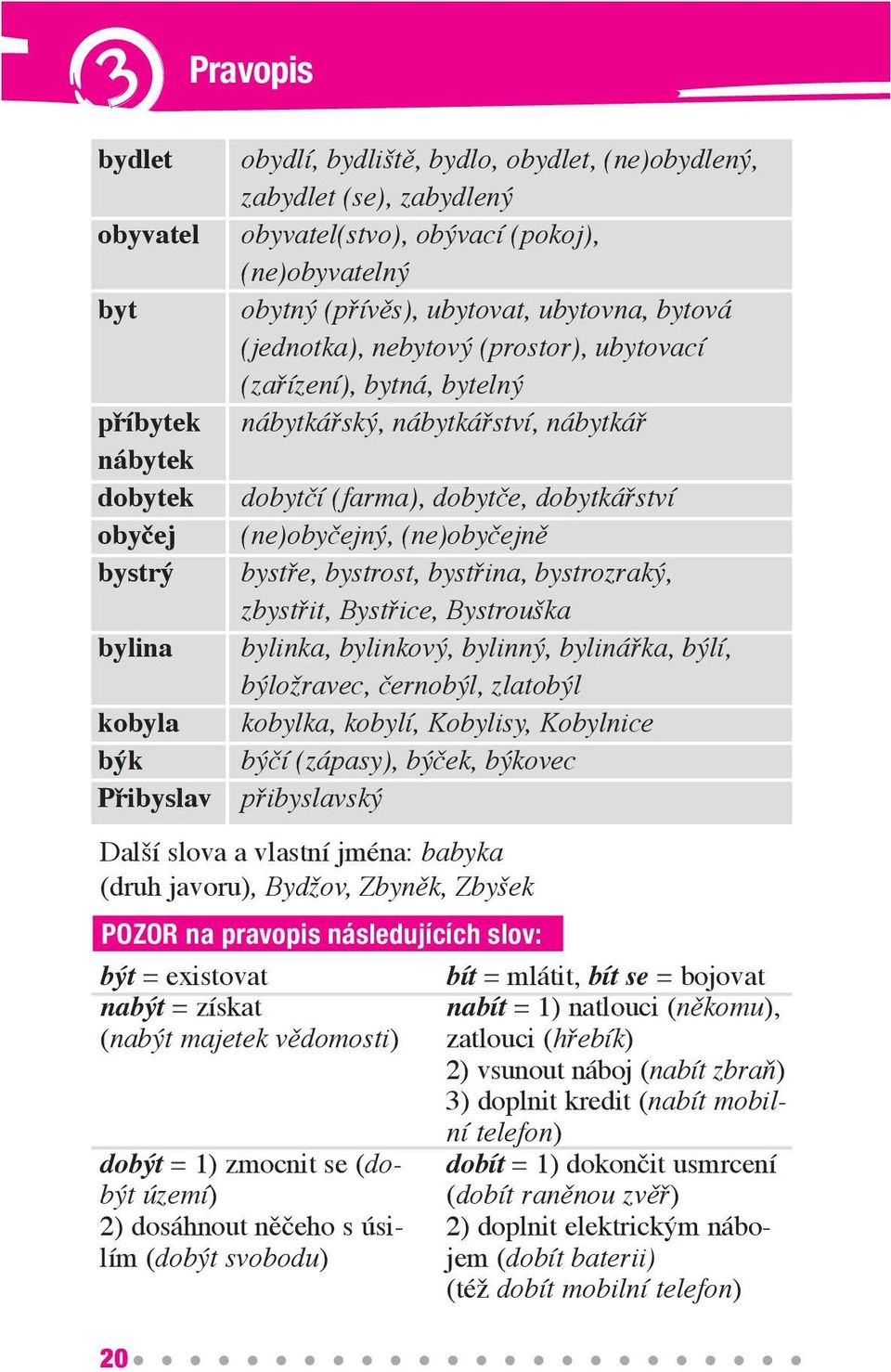 dobytkářství (ne)obyčejný, (ne)obyčejně bystře, bystrost, bystřina, bystrozraký, zbystřit, Bystřice, Bystrouška bylinka, bylinkový, bylinný, bylinářka, býlí, býložravec, černobýl, zlatobýl kobylka,