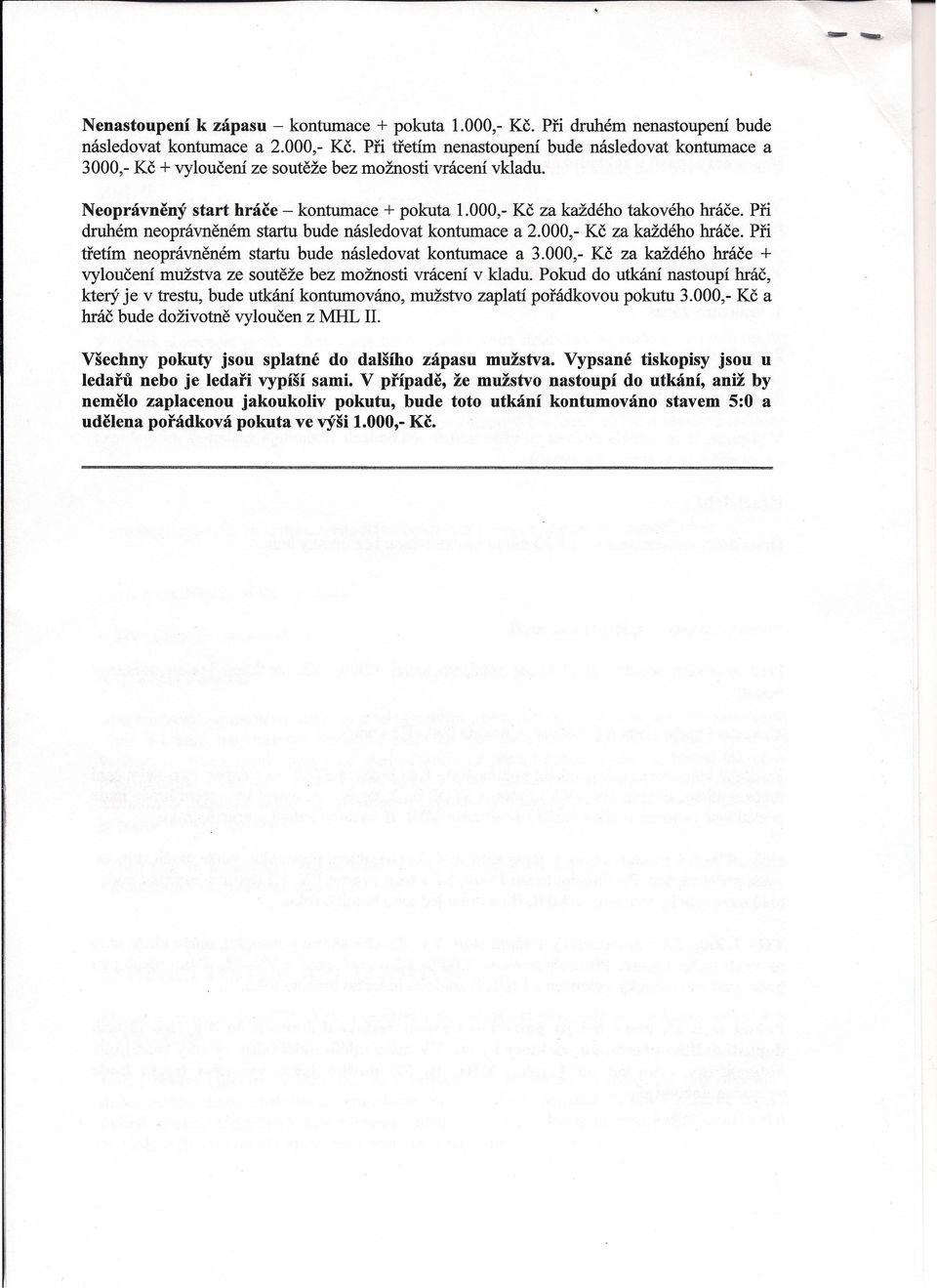 Při třetím neoprávněném startu bude následovat kontumace a 3.000,- Kč za každého hráče + vyloučení mužstva ze soutěže bez možnosti vrácení v kladu.