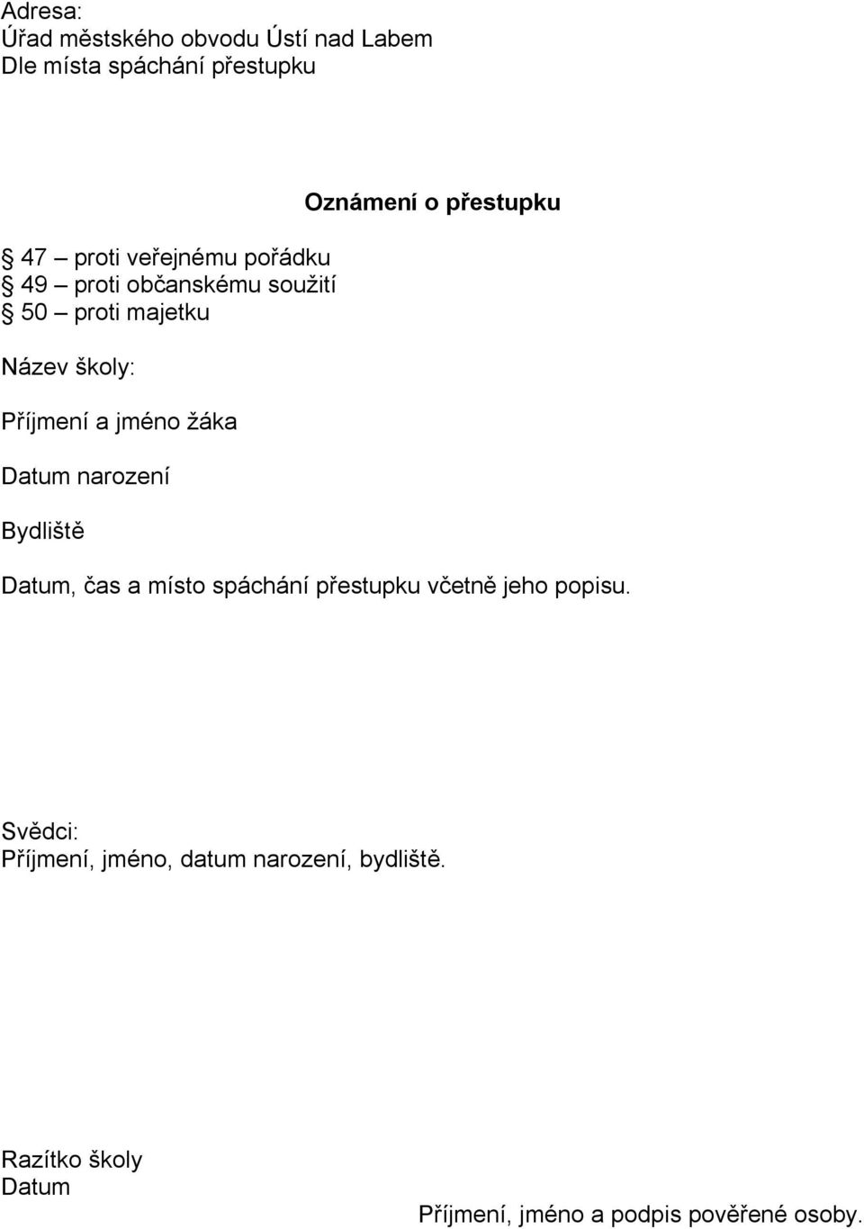 Oznámení o přestupku Datum, čas a místo spáchání přestupku včetně jeho popisu.