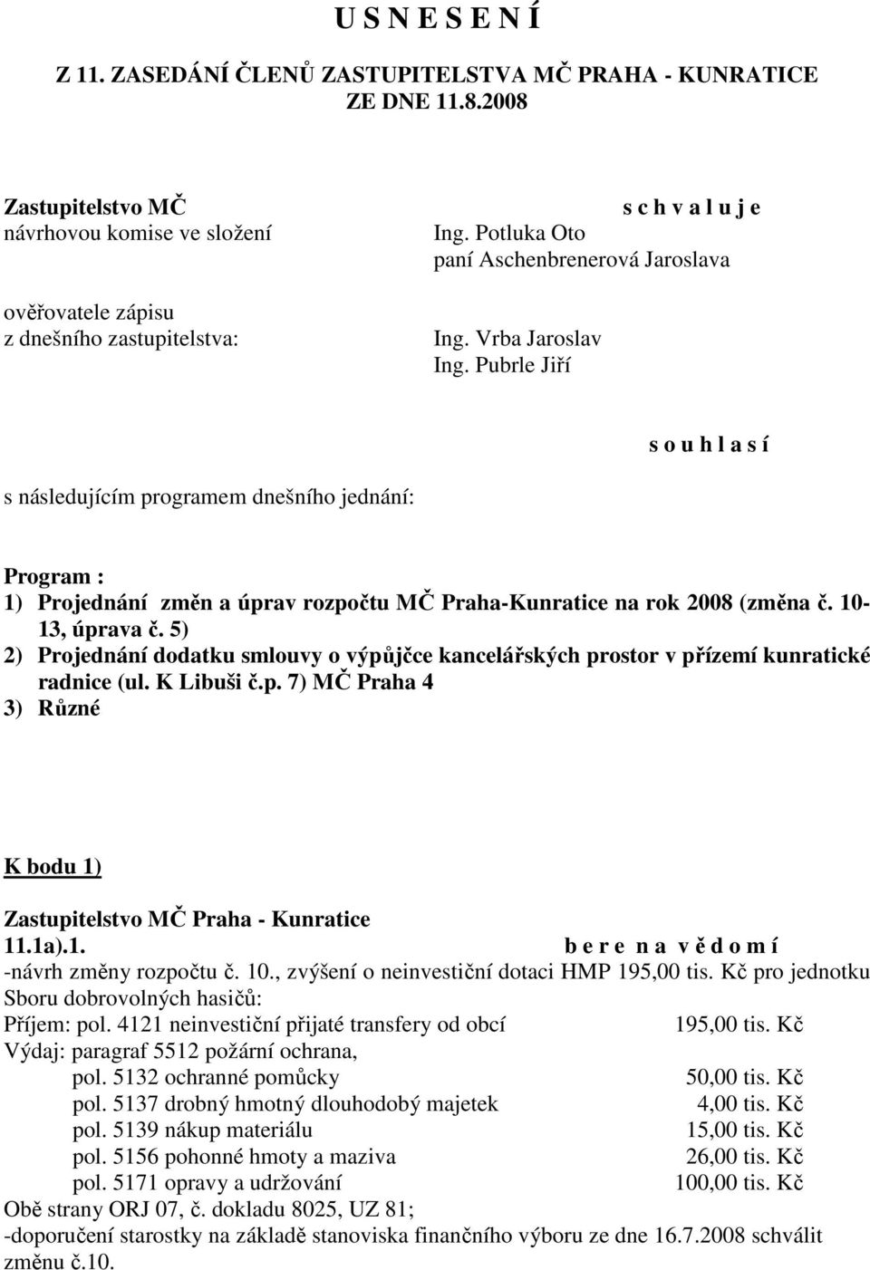 Pubrle Jiří s o u h l a s í s následujícím programem dnešního jednání: Program : 1) Projednání změn a úprav rozpočtu MČ Praha-Kunratice na rok 2008 (změna č. 10-13, úprava č.