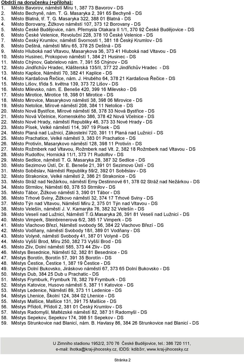 Město České Velenice, Revoluční 228, 378 10 České Velenice - DS 7. Město Český Krumlov, náměstí Svornosti 1, 381 18 Český Krumlov - DS 8. Město Deštná, náměstí Míru 65, 378 25 Deštná - DS 9.