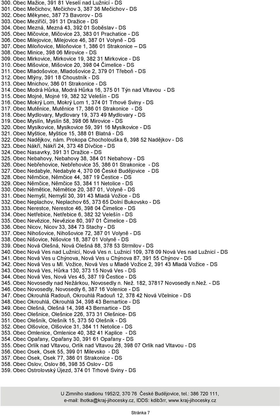 Obec Miloňovice, Miloňovice 1, 386 01 Strakonice DS 308. Obec Minice, 398 06 Mirovice - DS 309. Obec Mirkovice, Mirkovice 19, 382 31 Mirkovice - DS 310.