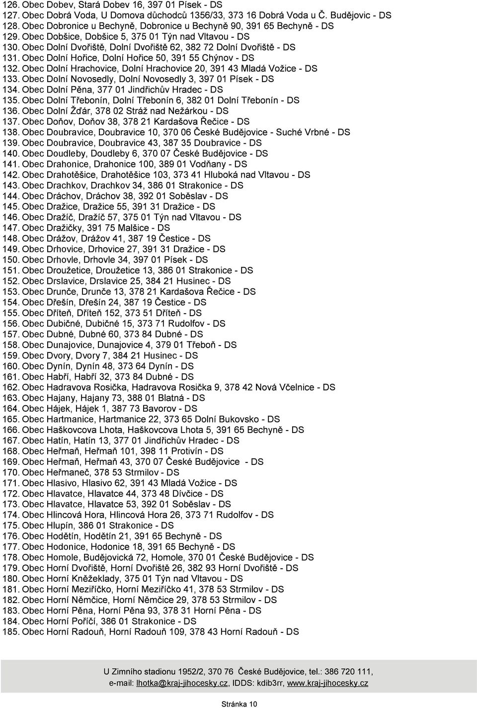 Obec 149.Obec Drhovice, 150.Obec Drhovle, 151.Obec 152.Obec Drslavice, Drslavice 25, 384 21 Husinec 153.Obec 154.Obec 155.Obec 156.Obec 157.Obec 158.Obec Dunajovice, 159.