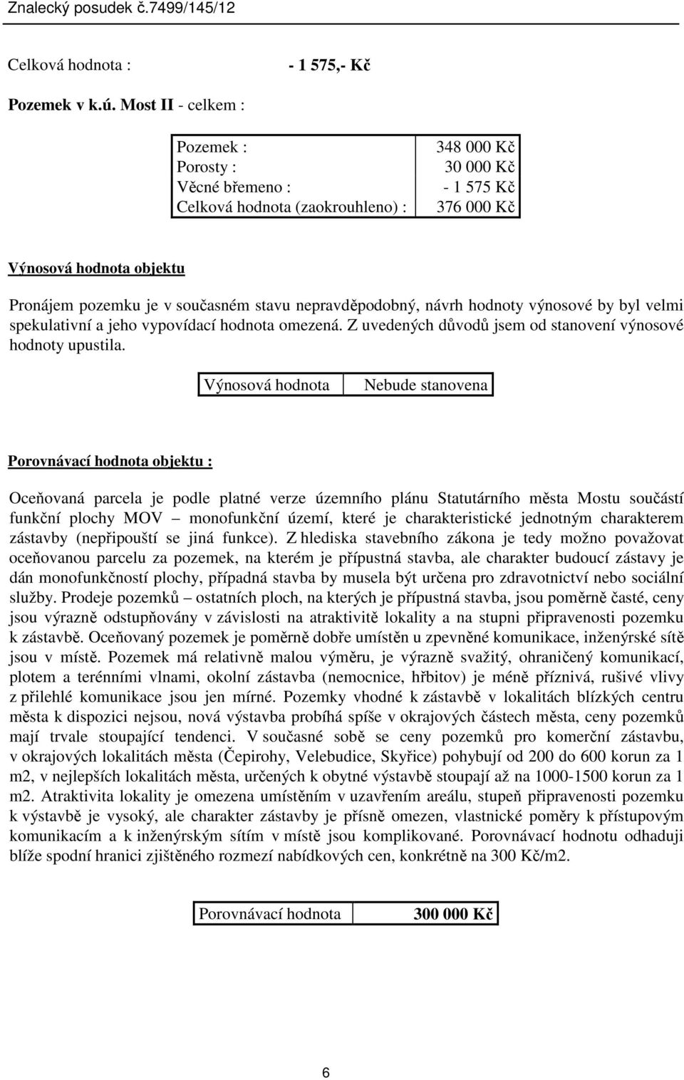 nepravděpodobný, návrh hodnoty výnosové by byl velmi spekulativní a jeho vypovídací hodnota omezená. Z uvedených důvodů jsem od stanovení výnosové hodnoty upustila.