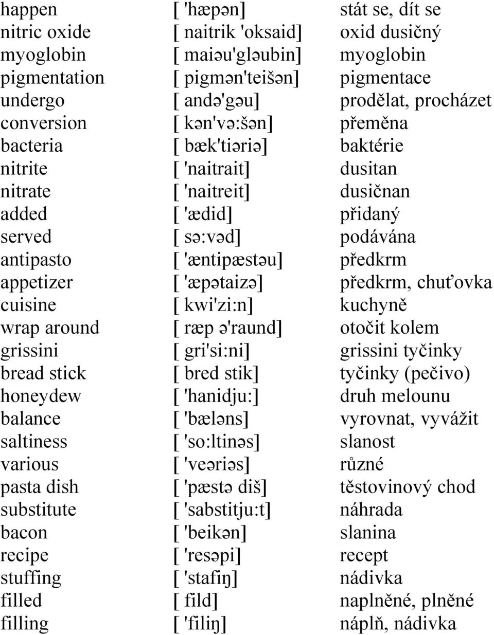 sə:vəd] [ 'æntipæstəu] [ 'æpətaizə] [ kwi'zi:n] [ ræp ə'raund] [ gri'si:ni] [ bred stik] [ 'hanidju:] [ 'bæləns] [ 'so:ltinəs] [ 'veəriəs] [ 'pæstə diš] [ 'sabstitju:t] [ 'beikən] [ 'resəpi] [