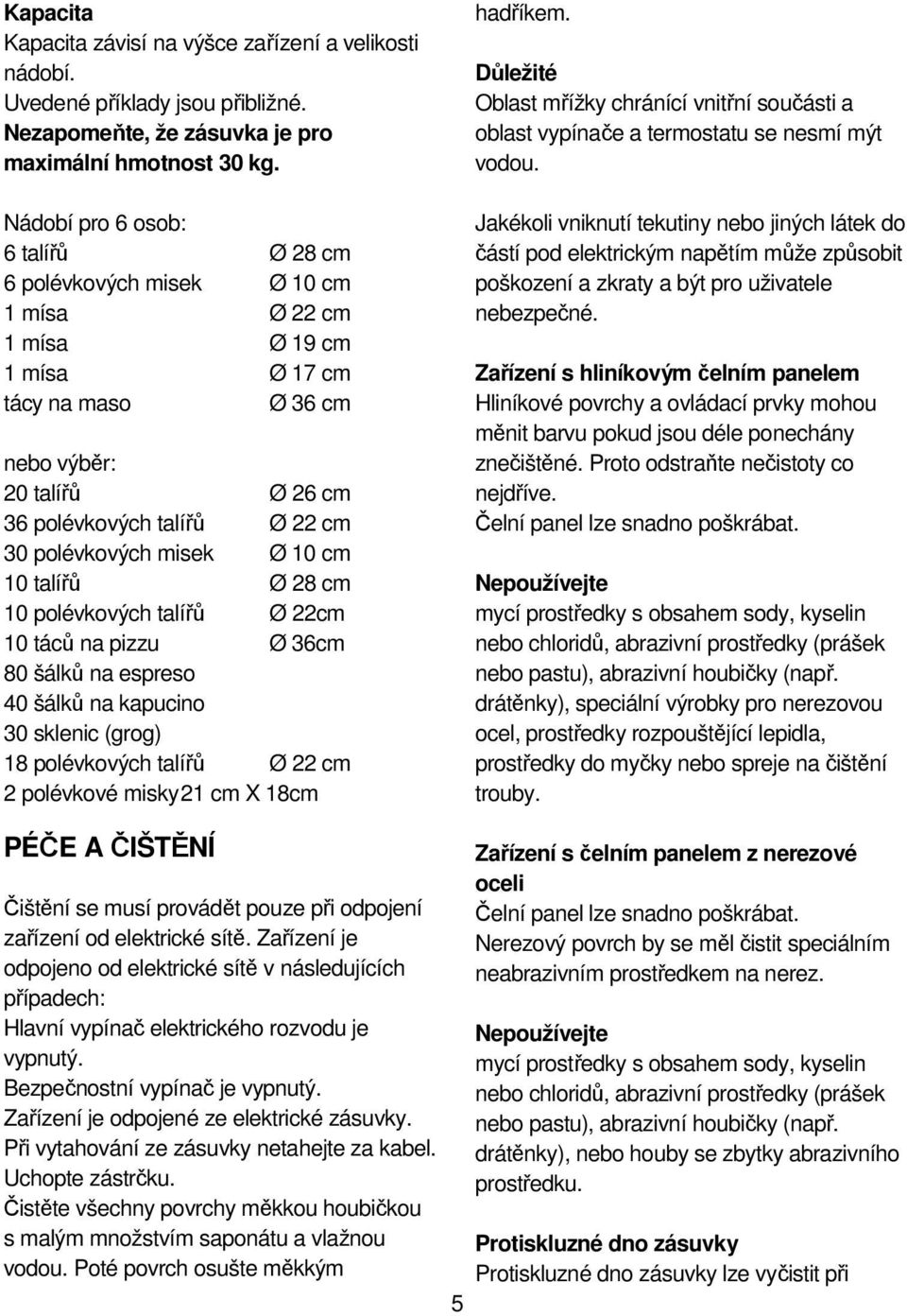 polévkových misek Ø 10 cm 10 talířů Ø 28 cm 10 polévkových talířů Ø 22cm 10 táců na pizzu Ø 36cm 80 šálků na espreso 40 šálků na kapucino 30 sklenic (grog) 18 polévkových talířů Ø 22 cm 2 polévkové