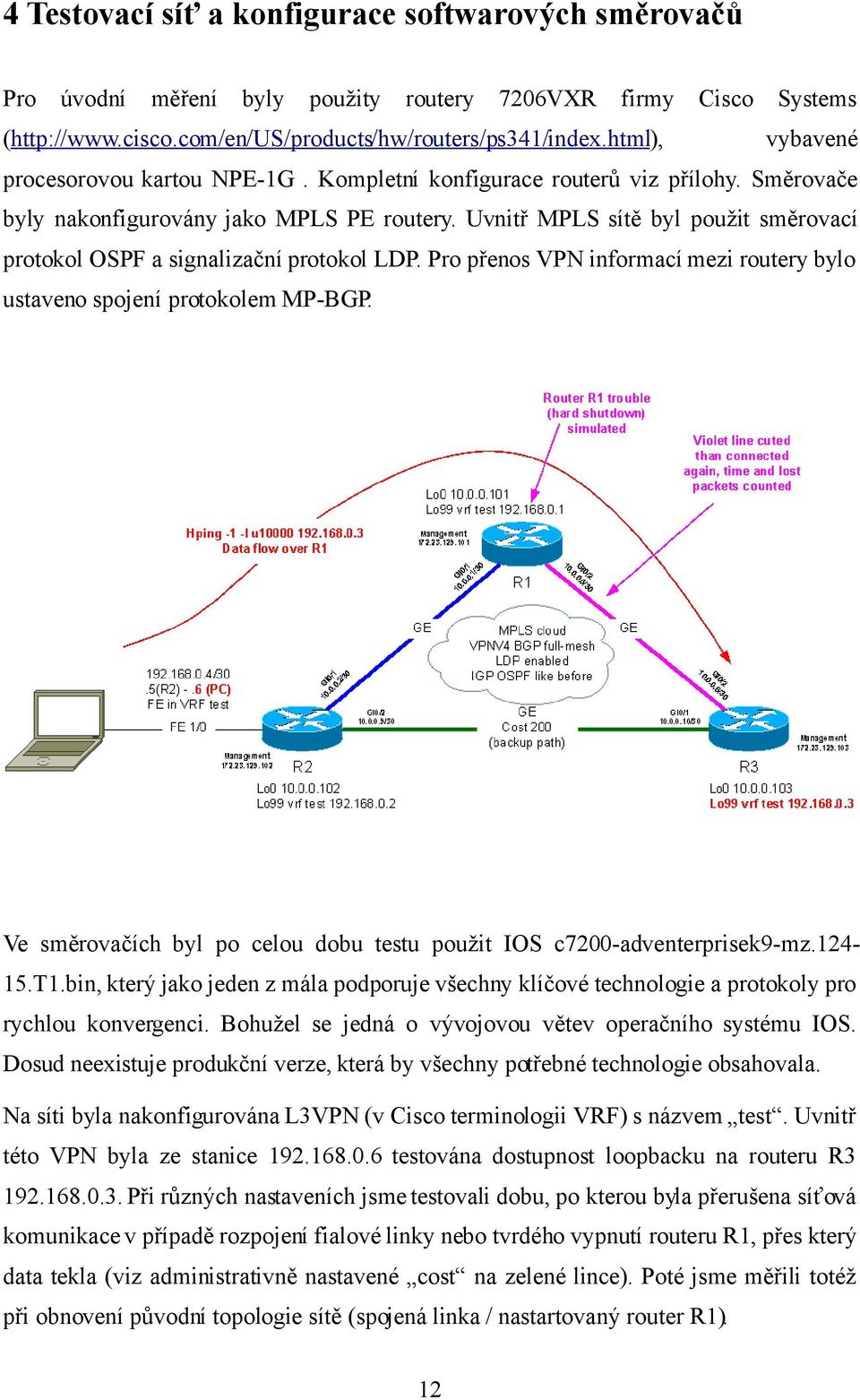 Uvnitř MPLS sítě byl použit směrovací protokol OSPF a signalizační protokol LDP. Pro přenos VPN informací mezi routery bylo ustaveno spojení protokolem MP-BGP.