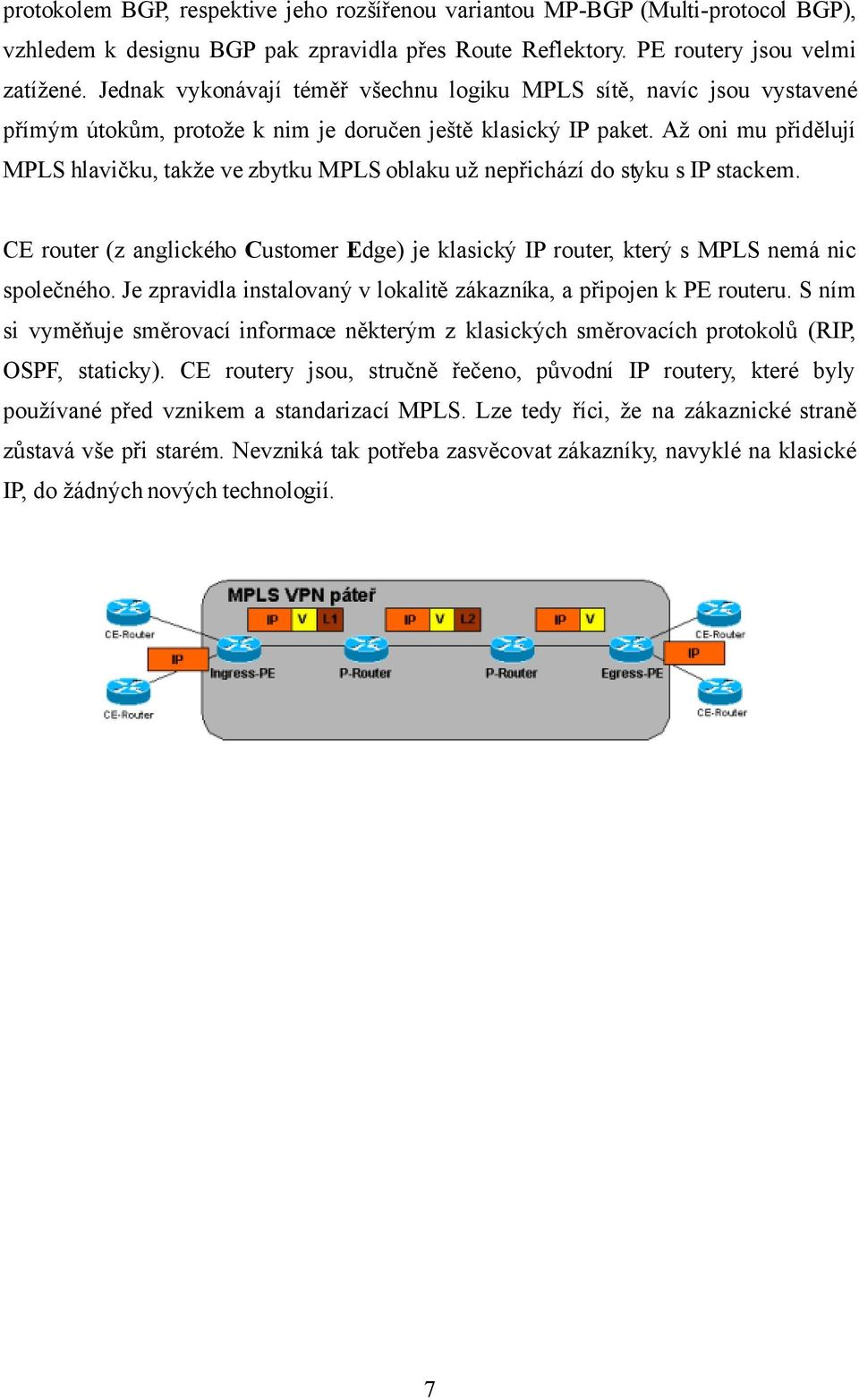 Až oni mu přidělují MPLS hlavičku, takže ve zbytku MPLS oblaku už nepřichází do styku s IP stackem. CE router (z anglického Customer Edge) je klasický IP router, který s MPLS nemá nic společného.