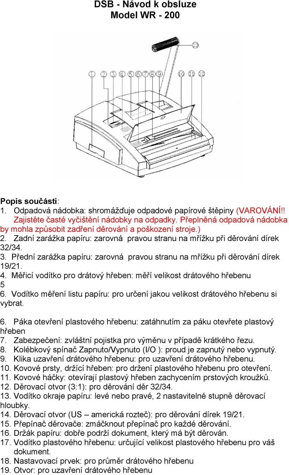 /34. 3. Přední zarážka papíru: zarovná pravou stranu na mřížku při děrování dírek 19/21. 4. Měřicí vodítko pro drátový hřeben: měří velikost drátového hřebenu 5 6.