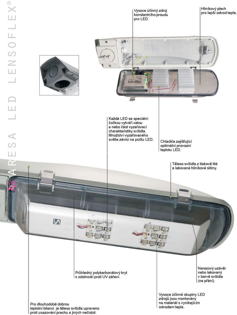 Chladièezajiš ující optimální provozní teplotu LED. Tìleso svítidla z tlakovì lité a lakované hliníkové slitiny.