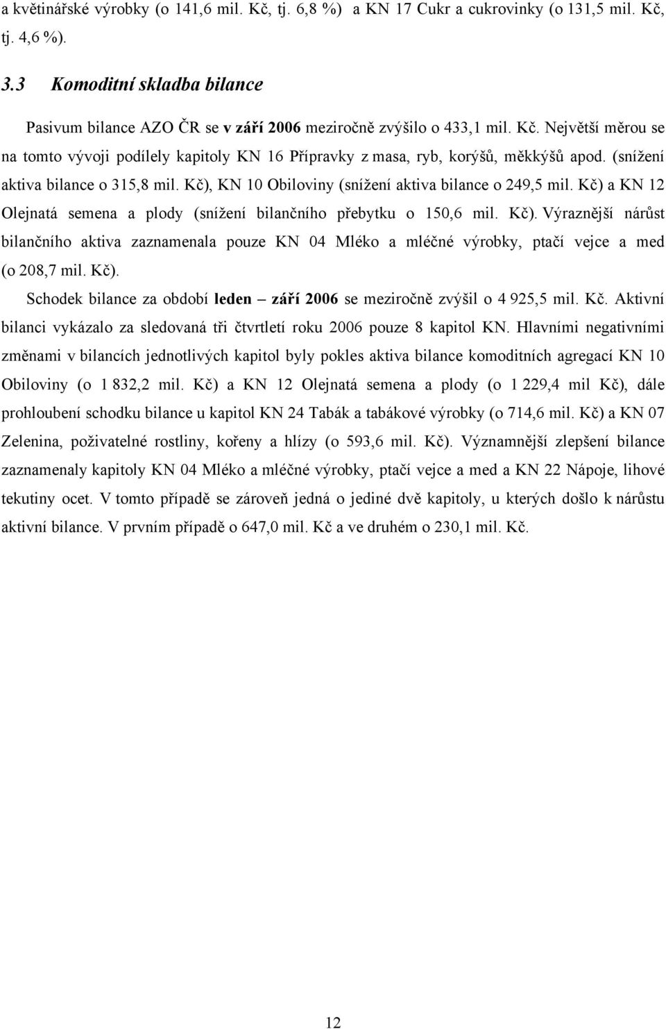 Největší měrou se na tomto vývoji podílely kapitoly KN 16 Přípravky z masa, ryb, korýšů, měkkýšů apod. (snížení aktiva bilance o 315,8 mil. Kč), KN 10 Obiloviny (snížení aktiva bilance o 249,5 mil.