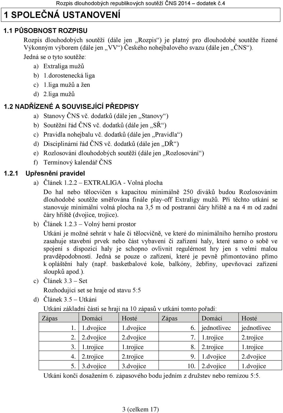 Jedná se o tyto soutěže: a) Extraliga mužů b) 1.dorostenecká liga c) 1.liga mužů a žen d) 2.liga mužů 1.2 NADŘÍZENÉ A SOUVISEJÍCÍ PŘEDPISY a) Stanovy ČNS vč.