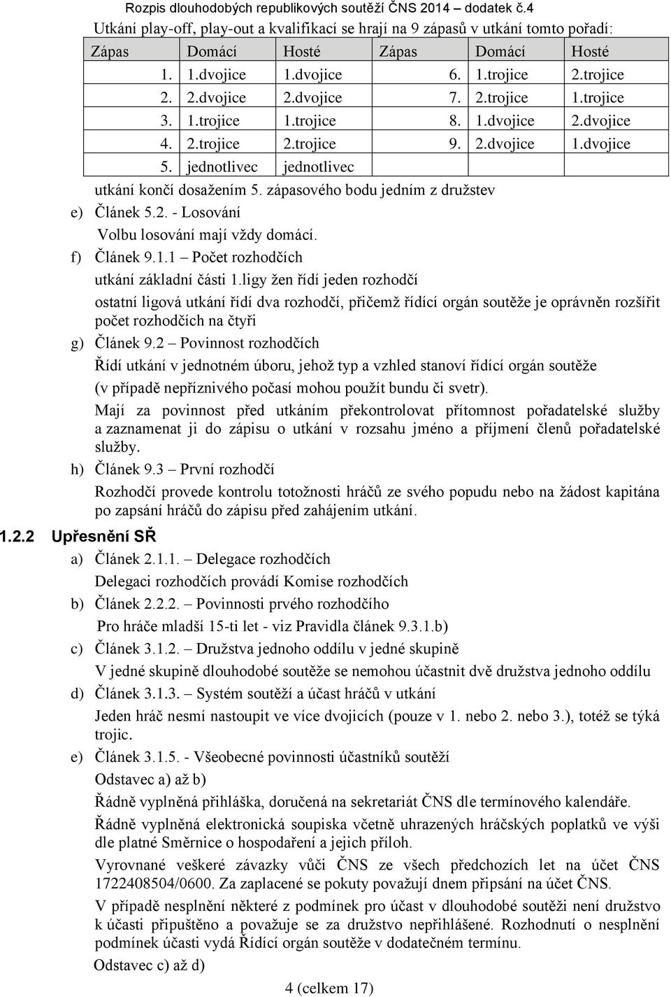 2. - Losování Volbu losování mají vždy domácí. f) Článek 9.1.1 Počet rozhodčích utkání základní části 1.