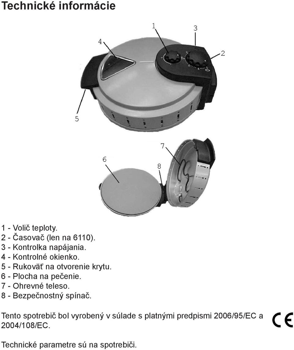 6 - Plocha na pečenie. 7 - Ohrevné teleso. 8 - Bezpečnostný spínač.