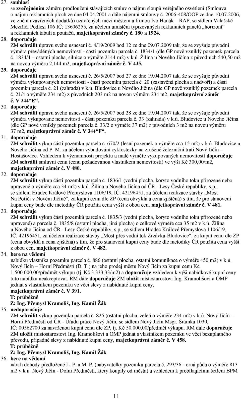 2006, ve znění uzavřených dodatků) uzavřených mezi městem a firmou Ivo Hanák RAP, se sídlem Valašské Meziříčí Podlesí 106 IČ: 13606255, za účelem umístění typizovaných reklamních panelů horizont a